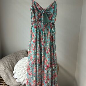 She + Sky Teal Floral Dress with Bow Accent